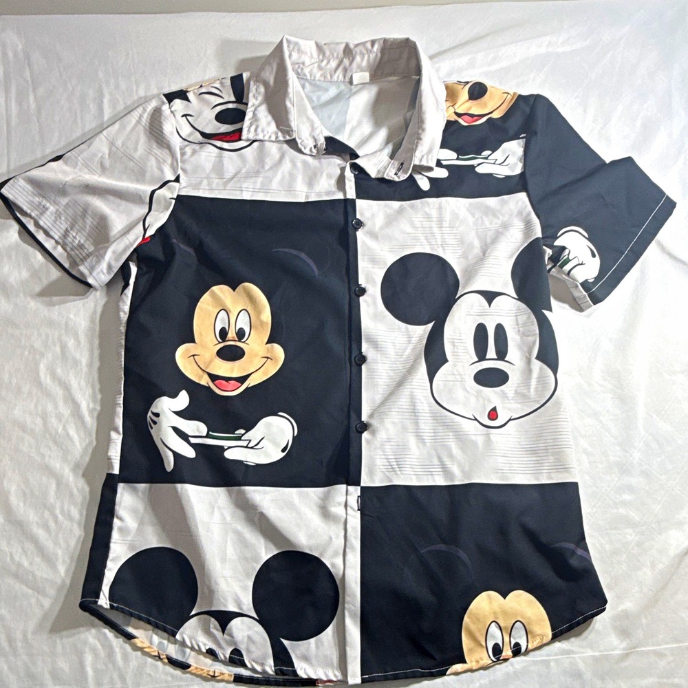 Disney Mickey Mouse Button Up Shirt Mens XL Black White Graphic Print SS Satin